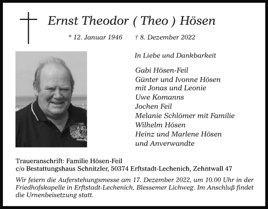 Anzeige von Ernst Theodor Hösen von Kölner Stadt-Anzeiger / Kölnische Rundschau / Express