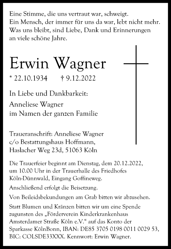 Anzeige von Erwin Wagner von Kölner Stadt-Anzeiger / Kölnische Rundschau / Express