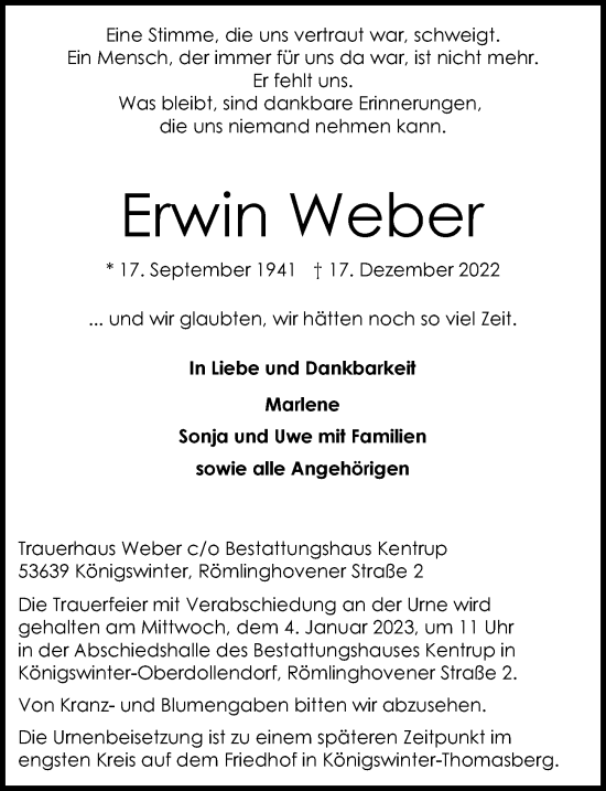 Anzeige von Erwin Weber von  Extra Blatt 