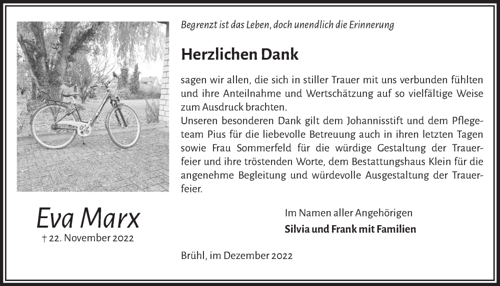  Traueranzeige für Eva Marx vom 22.12.2022 aus  Schlossbote/Werbekurier 