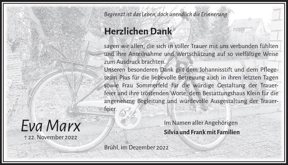  Traueranzeige für Eva Marx vom 29.12.2022 aus  Schlossbote/Werbekurier 