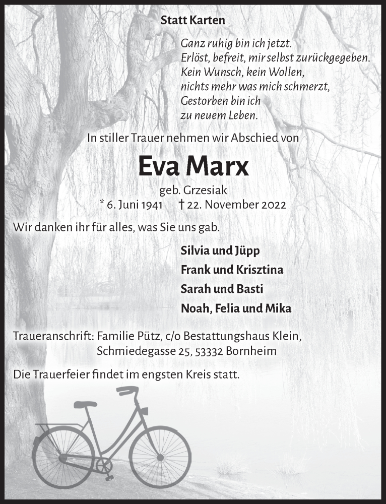  Traueranzeige für Eva Marx vom 09.12.2022 aus  Schlossbote/Werbekurier 