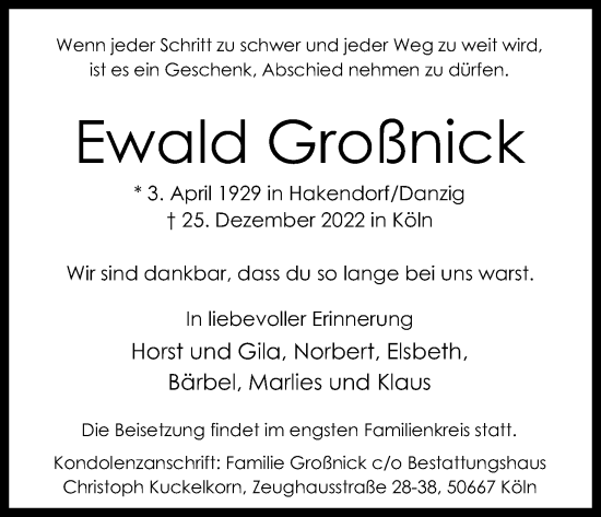 Anzeige von Ewald Großnick von Kölner Stadt-Anzeiger / Kölnische Rundschau / Express