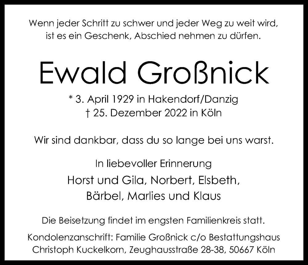  Traueranzeige für Ewald Großnick vom 31.12.2022 aus Kölner Stadt-Anzeiger / Kölnische Rundschau / Express