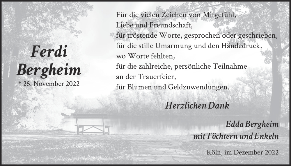  Traueranzeige für Ferdi Bergheim vom 22.12.2022 aus  EXPRESS - Die Woche 