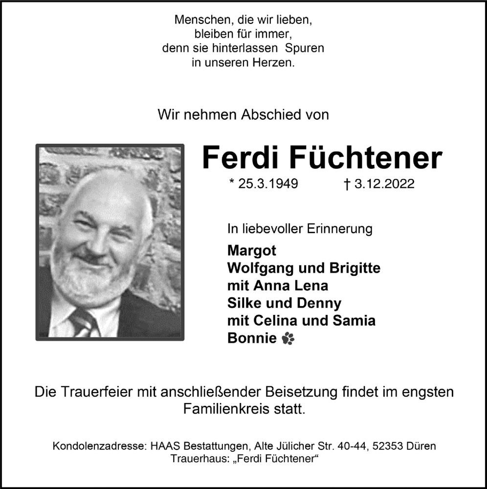  Traueranzeige für Ferdi Füchtener vom 09.12.2022 aus  Werbepost 