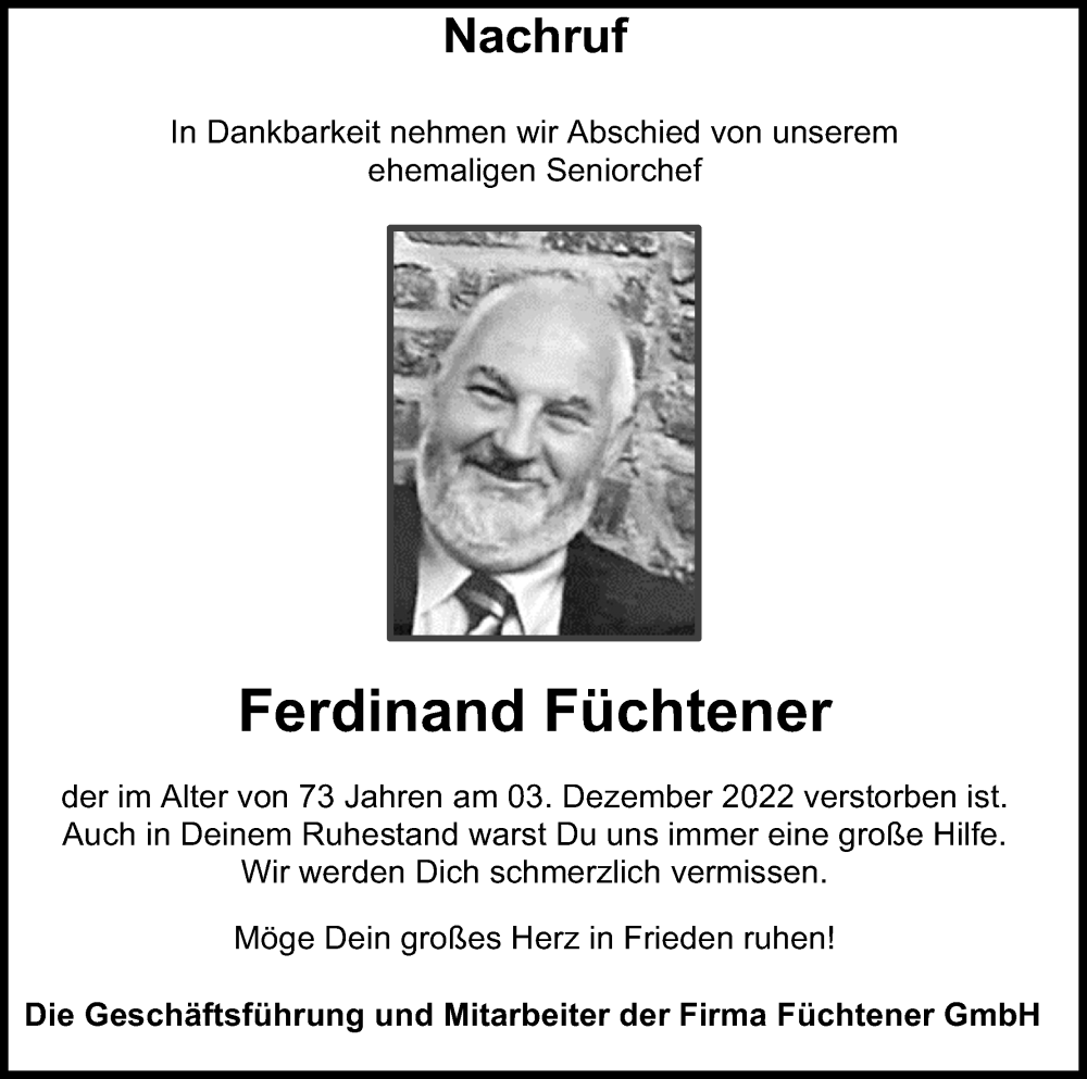  Traueranzeige für Ferdinand Füchtener vom 10.12.2022 aus Kölner Stadt-Anzeiger / Kölnische Rundschau / Express