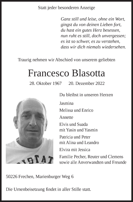 Anzeige von Francesco Blasotta von  Wochenende 