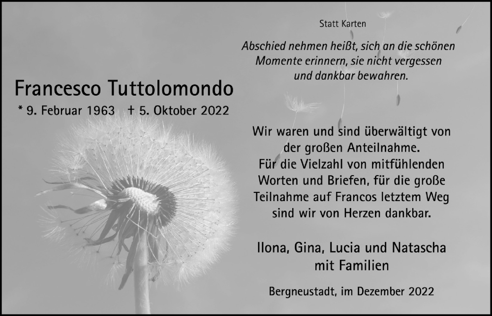  Traueranzeige für Francesco Tuttolomondo vom 02.12.2022 aus  Anzeigen Echo 