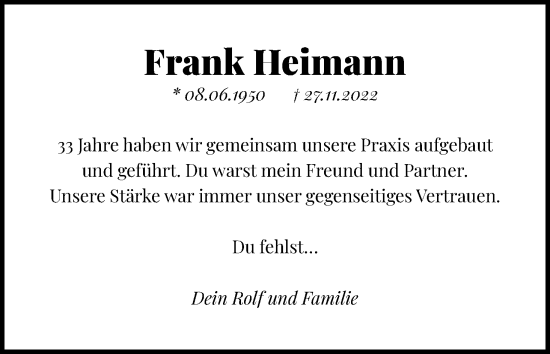 Anzeige von Frank Heimann von Kölner Stadt-Anzeiger / Kölnische Rundschau / Express