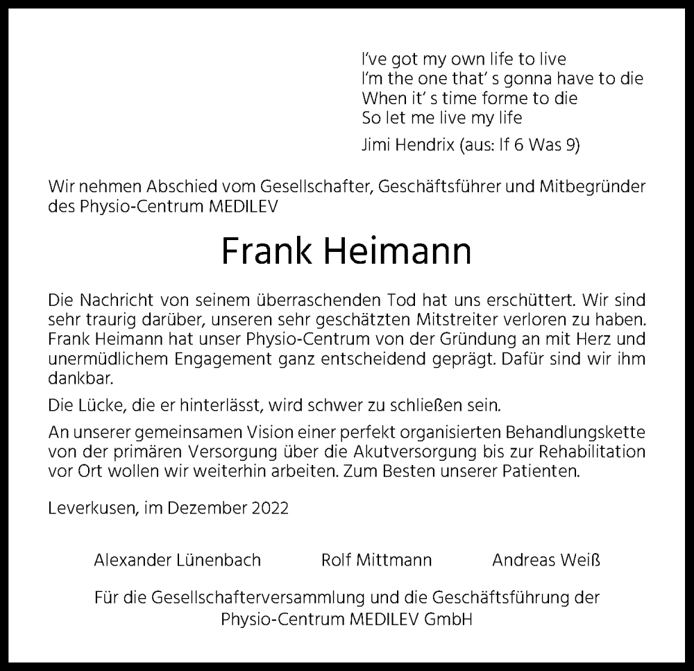  Traueranzeige für Frank Heimann vom 12.12.2022 aus Kölner Stadt-Anzeiger / Kölnische Rundschau / Express