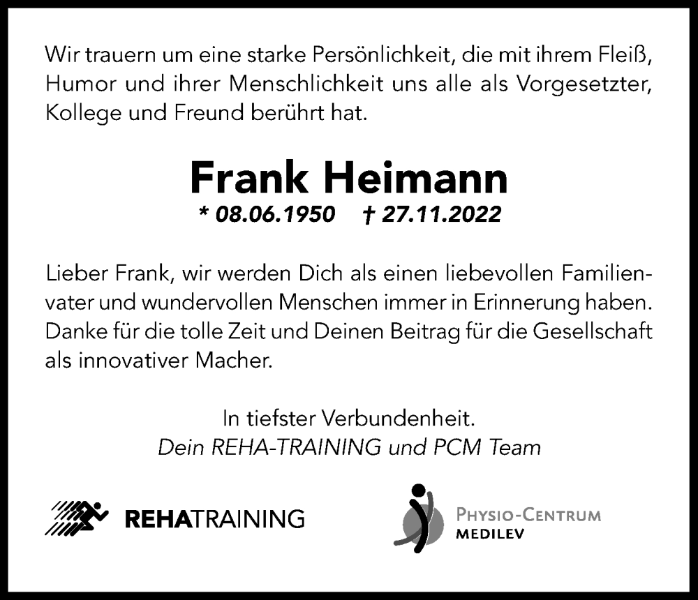  Traueranzeige für Frank Heimann vom 03.12.2022 aus Kölner Stadt-Anzeiger / Kölnische Rundschau / Express