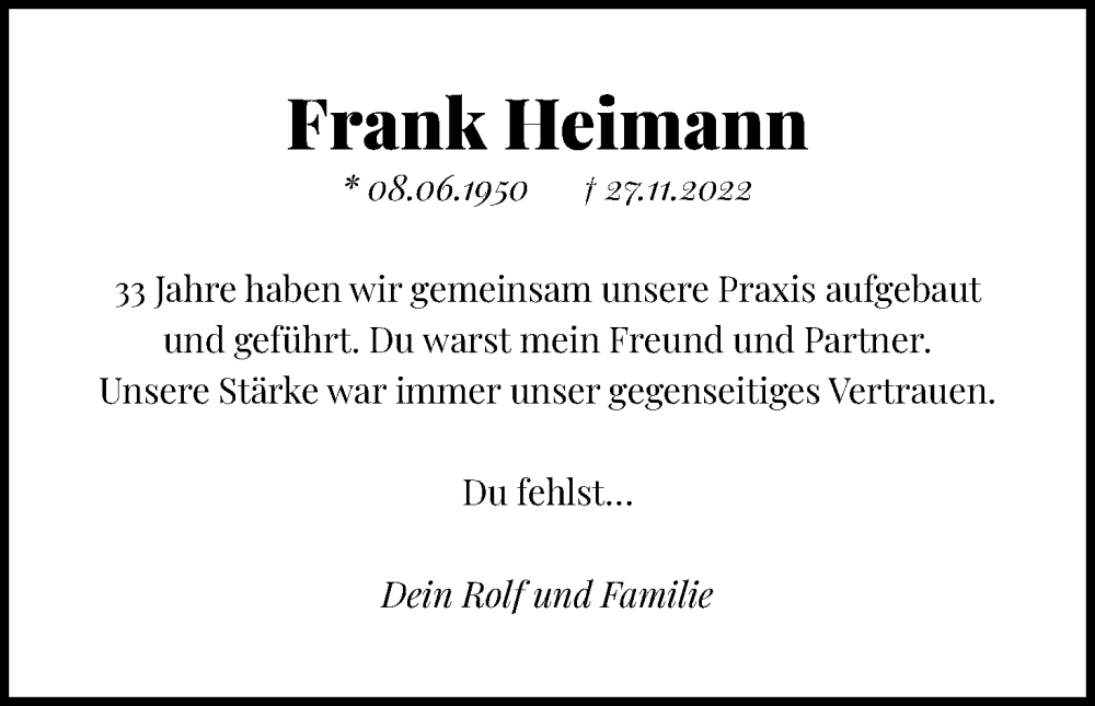  Traueranzeige für Frank Heimann vom 03.12.2022 aus Kölner Stadt-Anzeiger / Kölnische Rundschau / Express