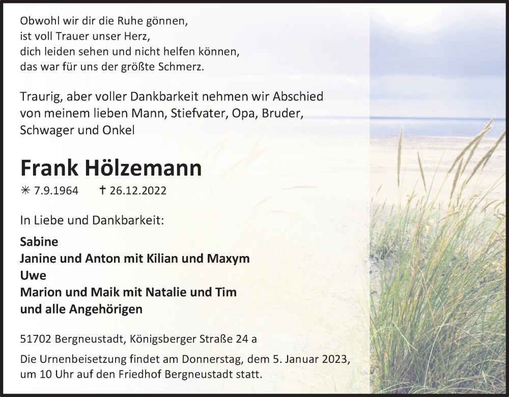  Traueranzeige für Frank Hölzemann vom 31.12.2022 aus Kölner Stadt-Anzeiger / Kölnische Rundschau / Express
