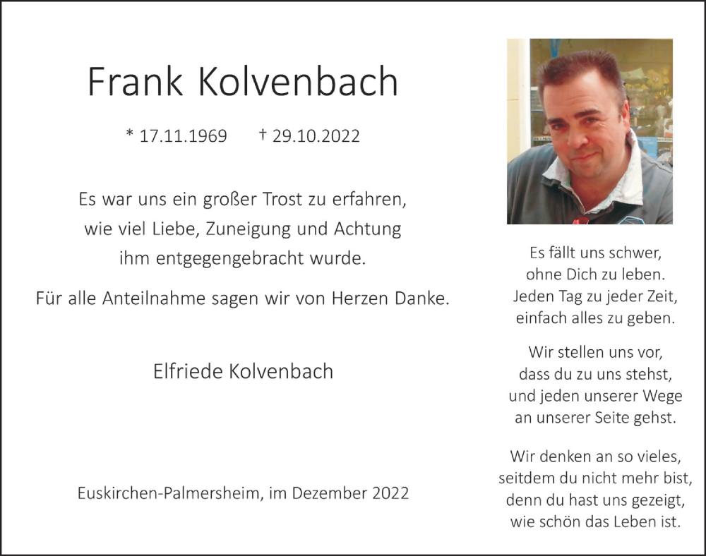  Traueranzeige für Frank Kolvenbach vom 10.12.2022 aus  Blickpunkt Euskirchen 