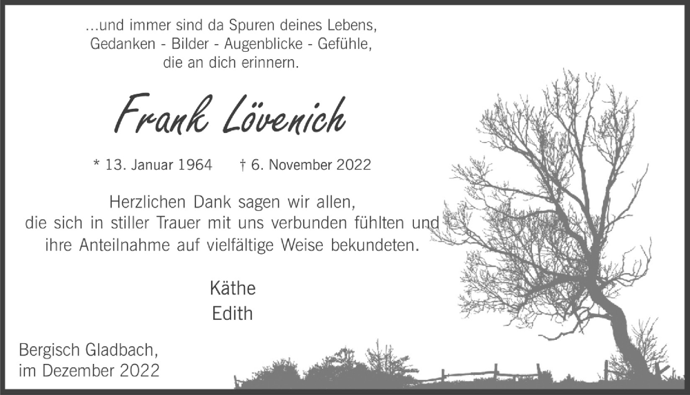  Traueranzeige für Frank Lövenich vom 29.12.2022 aus  Bergisches Handelsblatt 