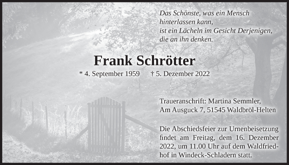  Traueranzeige für Frank Schrötter vom 09.12.2022 aus  Lokalanzeiger 