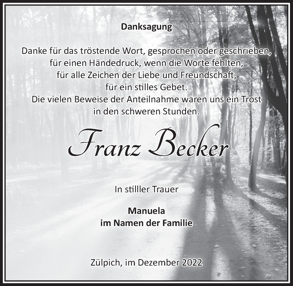  Traueranzeige für Franz Becker vom 03.12.2022 aus  Blickpunkt Euskirchen 