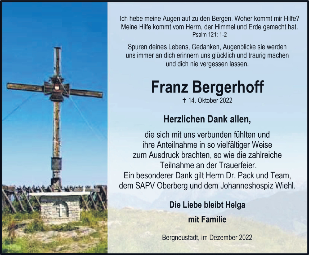  Traueranzeige für Franz Bergerhoff vom 16.12.2022 aus  Anzeigen Echo 