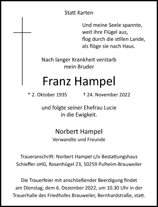 Anzeige von Franz Hampel von  Wochenende 