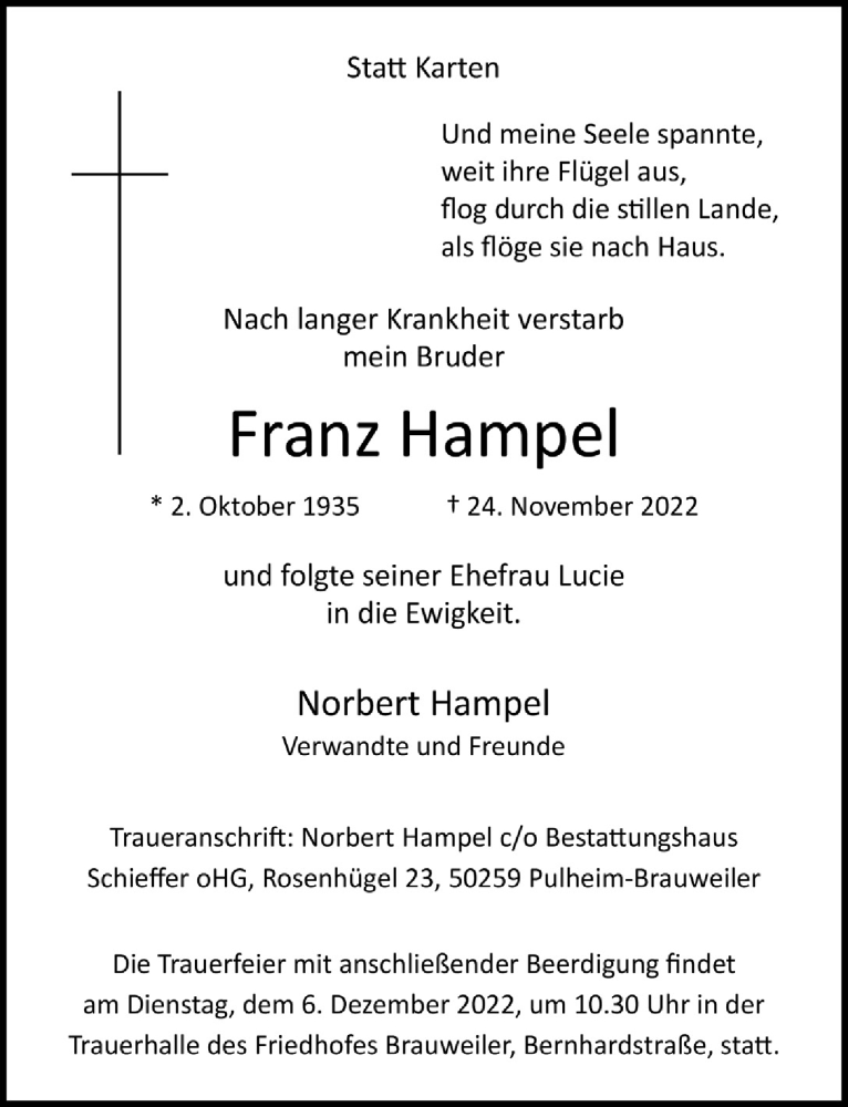  Traueranzeige für Franz Hampel vom 02.12.2022 aus  Wochenende 
