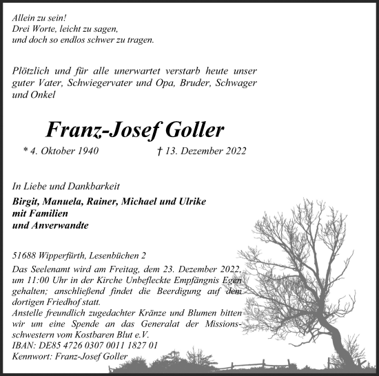 Anzeige von Franz-Josef Goller von Kölner Stadt-Anzeiger / Kölnische Rundschau / Express