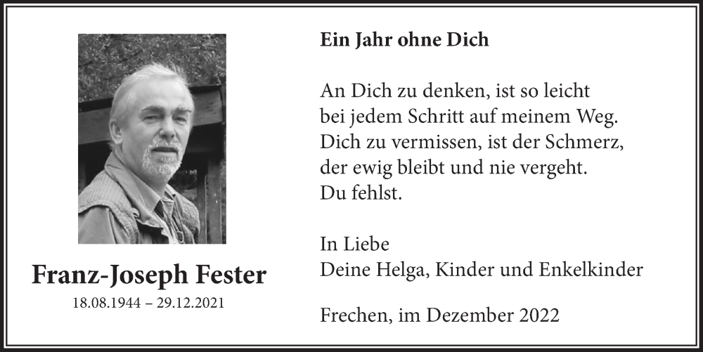  Traueranzeige für Franz-Joseph Fester vom 16.12.2022 aus  Wochenende 