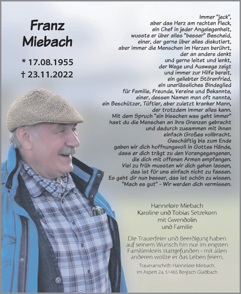  Traueranzeige für Franz Miebach vom 09.12.2022 aus  Bergisches Handelsblatt 