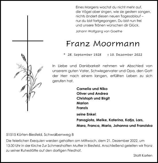 Anzeige von Franz Moormann von Kölner Stadt-Anzeiger / Kölnische Rundschau / Express