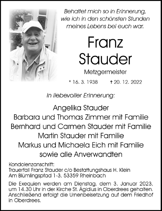 Anzeige von Franz Stauder von  Schaufenster/Blickpunkt 