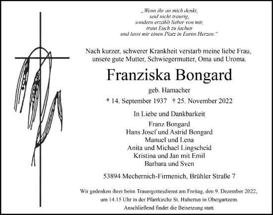 Anzeige von Franziska Bongard von  Blickpunkt Euskirchen 