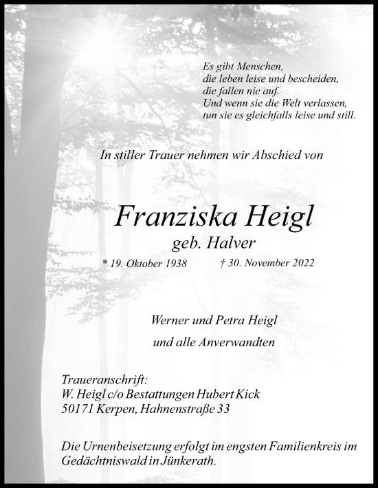 Anzeige von Franziska Heigl von Kölner Stadt-Anzeiger / Kölnische Rundschau / Express