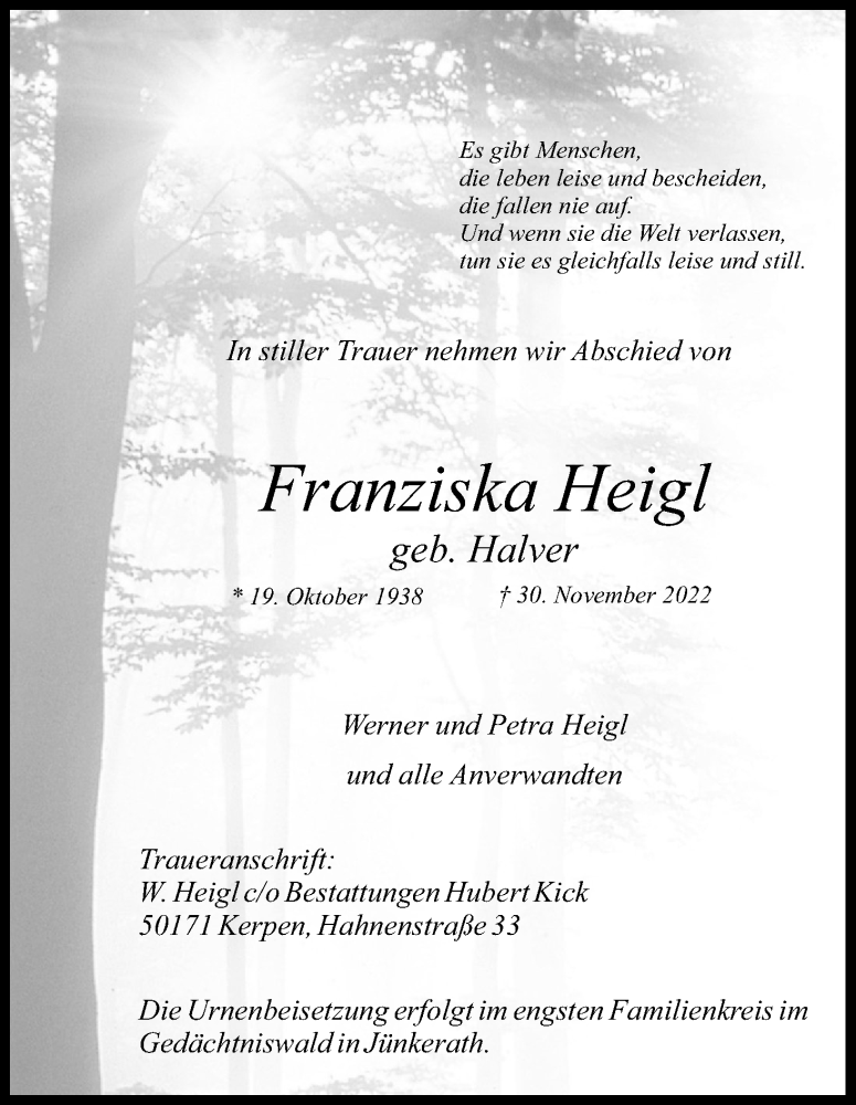  Traueranzeige für Franziska Heigl vom 10.12.2022 aus Kölner Stadt-Anzeiger / Kölnische Rundschau / Express