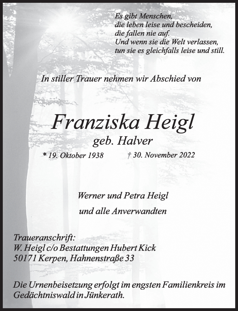  Traueranzeige für Franziska Heigl vom 09.12.2022 aus  Werbepost 