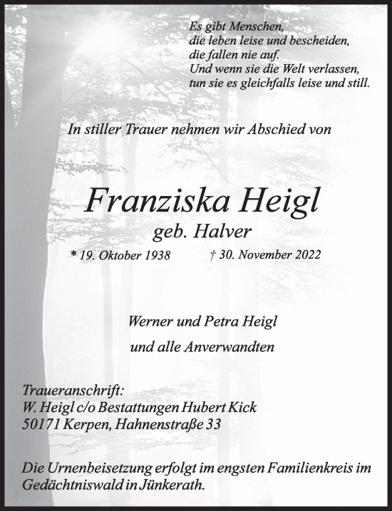 Anzeige von Franziska Heigl von  Werbepost 