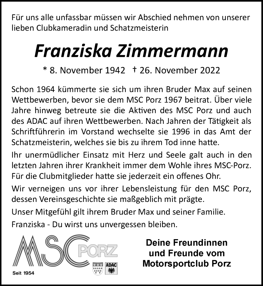  Traueranzeige für Franziska Zimmermann vom 02.12.2022 aus  EXPRESS - Die Woche 