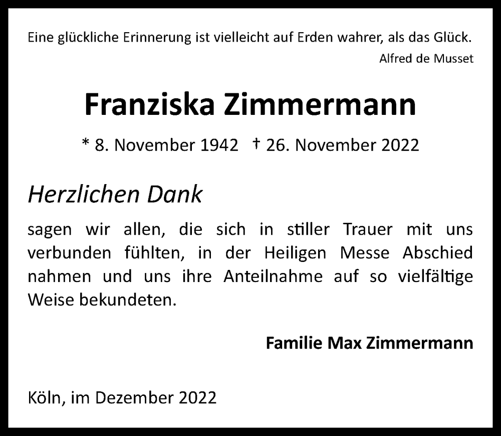  Traueranzeige für Franziska Zimmermann vom 29.12.2022 aus  EXPRESS - Die Woche 