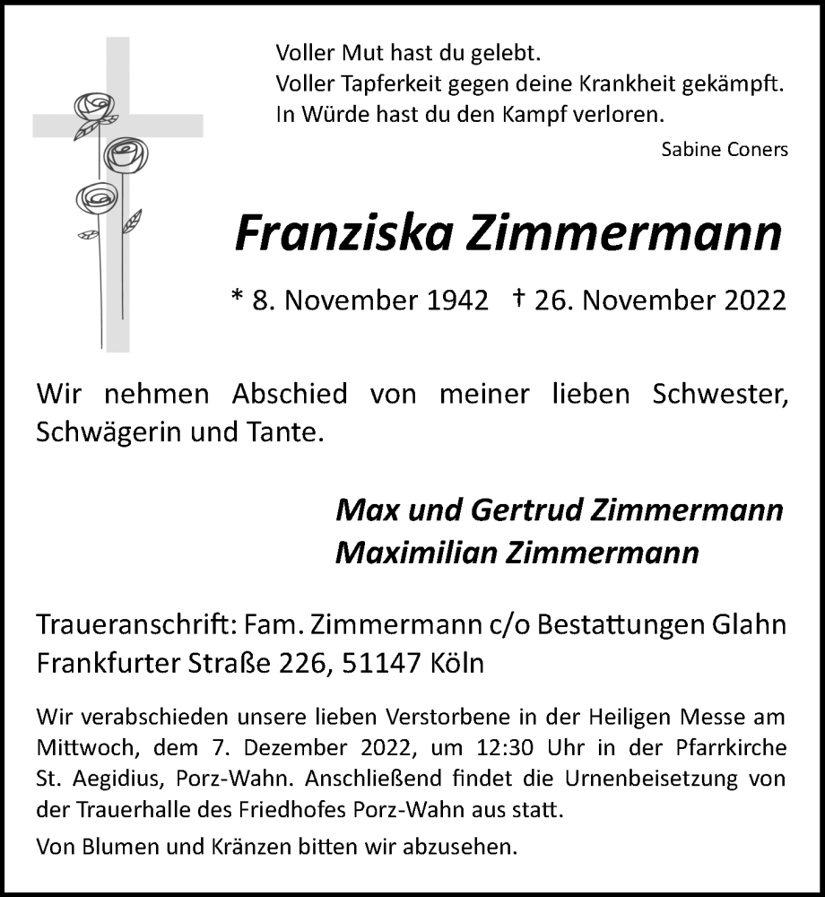  Traueranzeige für Franziska Zimmermann vom 02.12.2022 aus  EXPRESS - Die Woche 
