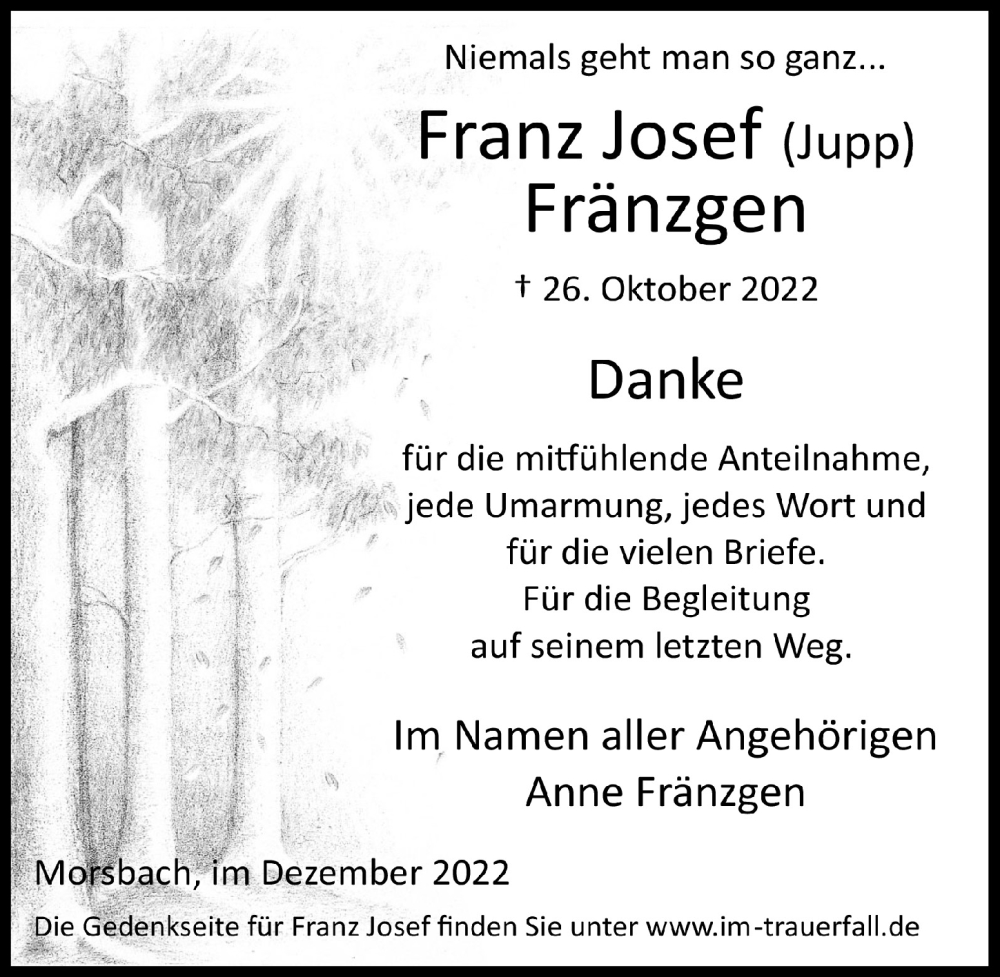  Traueranzeige für Franz Josef Fränzgen vom 02.12.2022 aus  Lokalanzeiger 