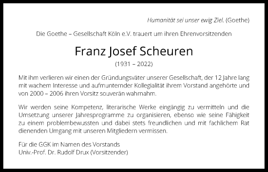 Anzeige von Franz Josef Scheuren von Kölner Stadt-Anzeiger / Kölnische Rundschau / Express