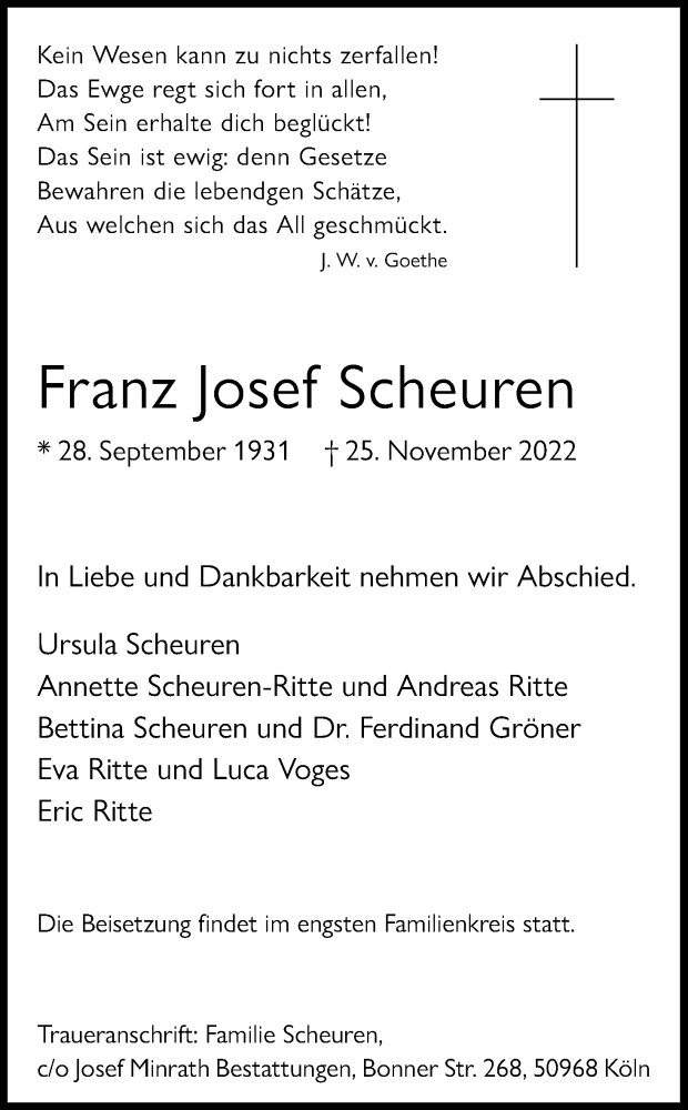  Traueranzeige für Franz Josef Scheuren vom 03.12.2022 aus Kölner Stadt-Anzeiger / Kölnische Rundschau / Express