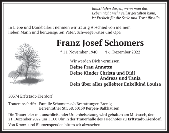 Anzeige von Franz Josef Schomers von  Werbepost 