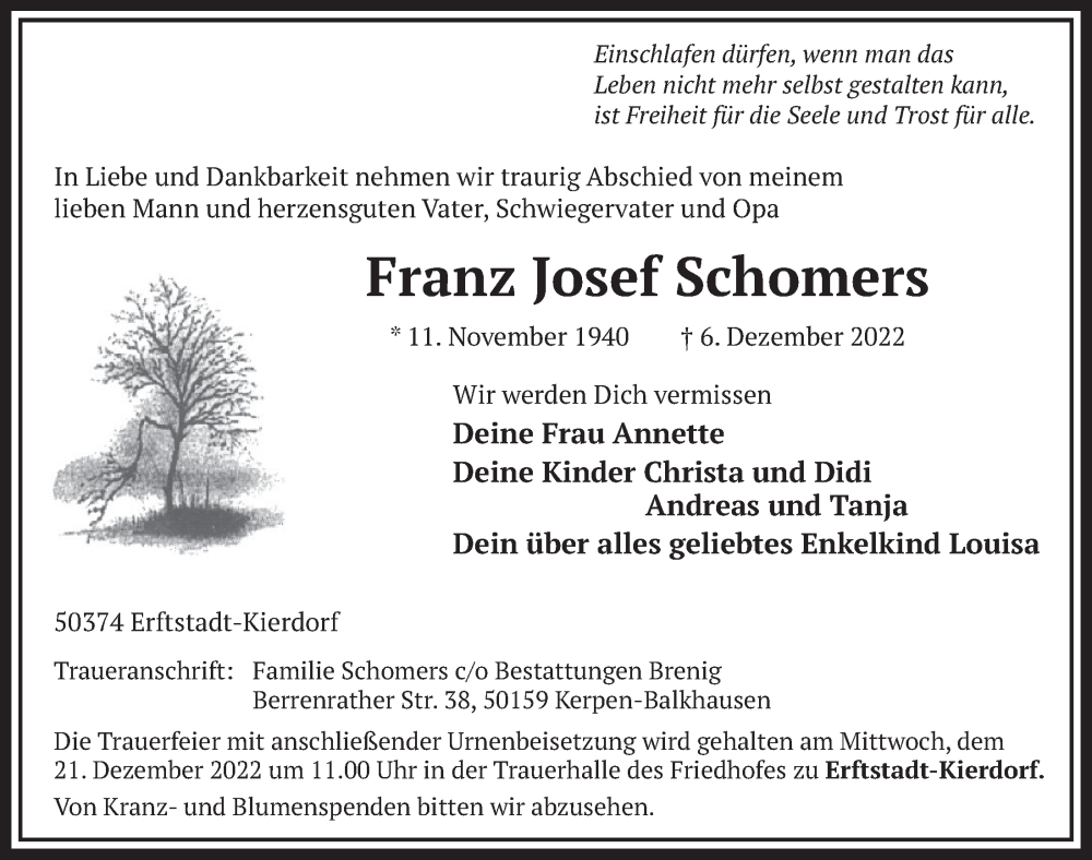  Traueranzeige für Franz Josef Schomers vom 16.12.2022 aus  Werbepost 