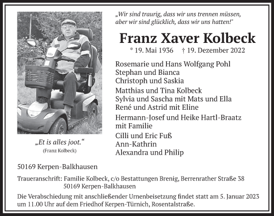 Anzeige von Franz Xaver Kolbeck von  Werbepost 