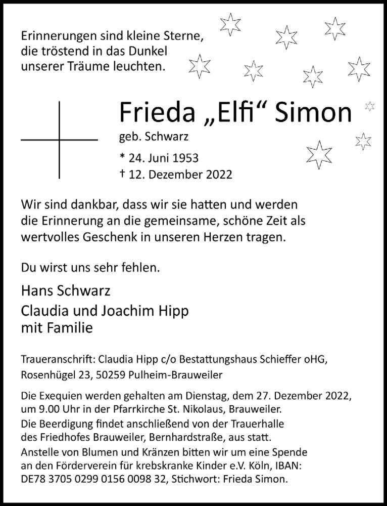  Traueranzeige für Frieda Simon vom 22.12.2022 aus  Wochenende 