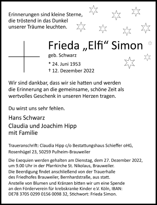 Anzeige von Frieda Simon von  Wochenende 