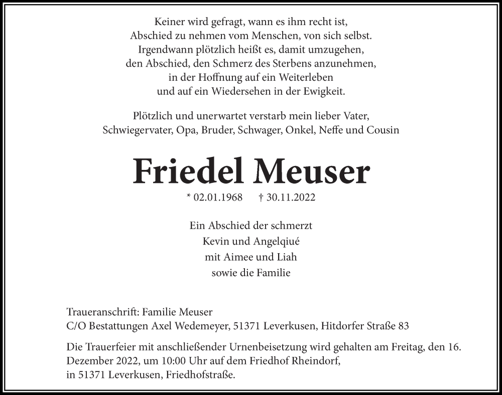  Traueranzeige für Friedel Meuser vom 09.12.2022 aus  Lokale Informationen 