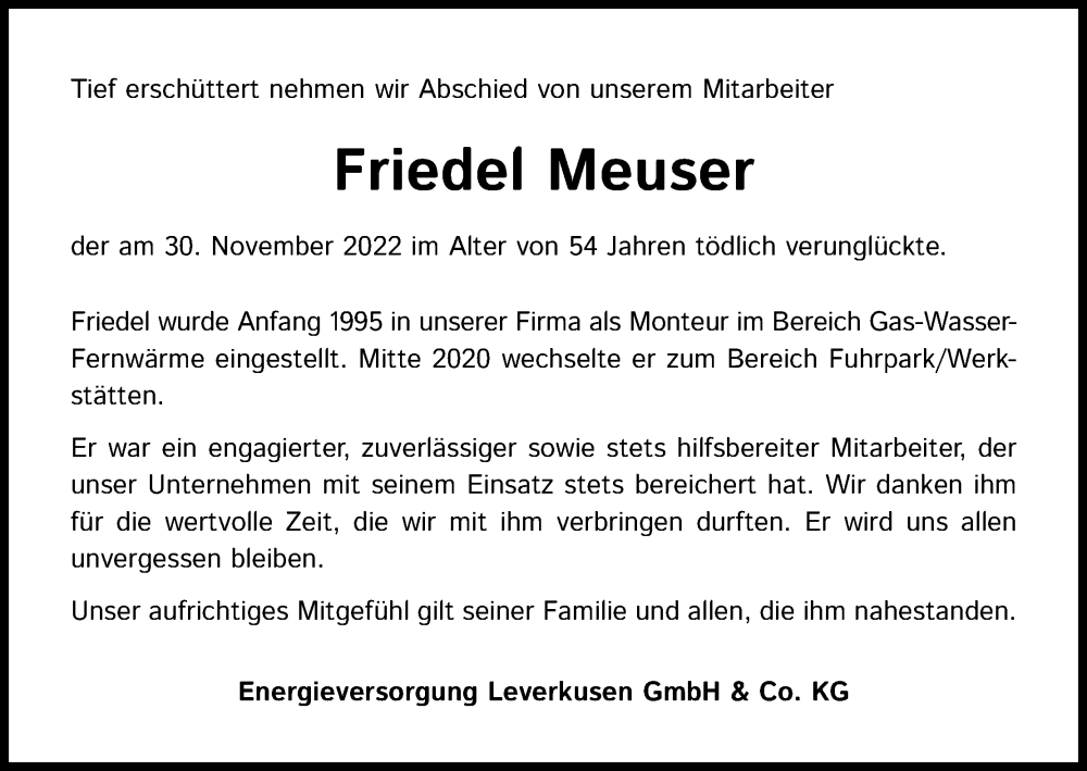  Traueranzeige für Friedel Meuser vom 10.12.2022 aus Kölner Stadt-Anzeiger / Kölnische Rundschau / Express