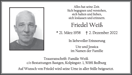 Anzeige von Friedel Weiß von  Werbepost 