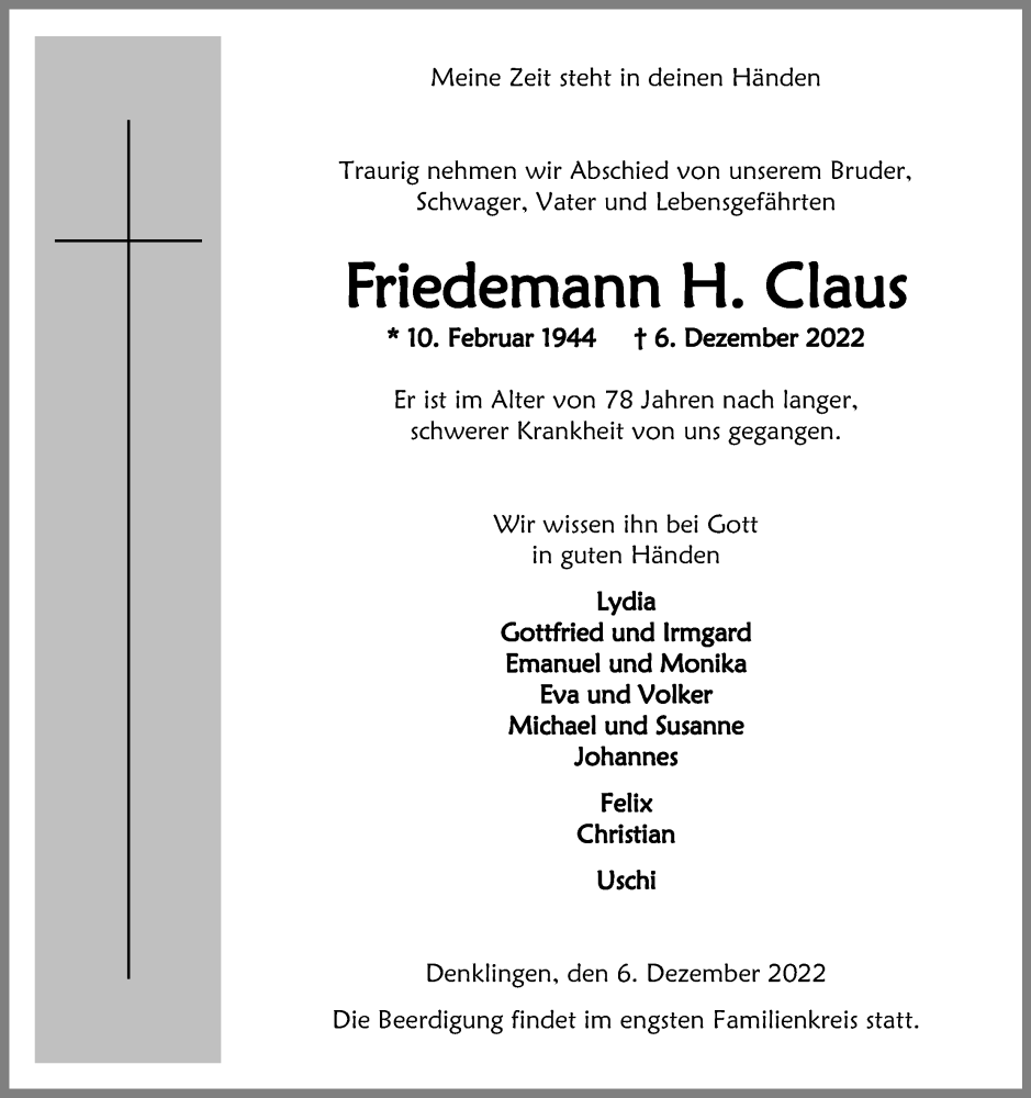  Traueranzeige für Friedemann H. Claus vom 15.12.2022 aus Kölner Stadt-Anzeiger / Kölnische Rundschau / Express